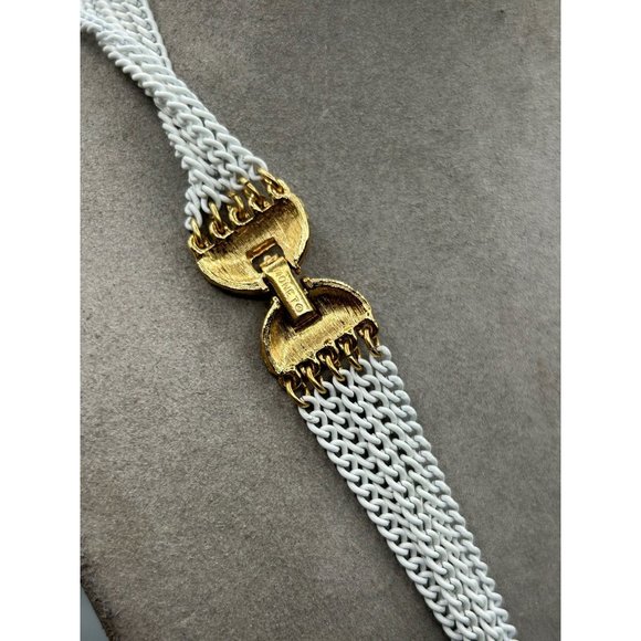 Vintage Signed Monet Multi Chain Necklace White Enamel & Gold Tone 80s Jewelry - Picture 9 of 10